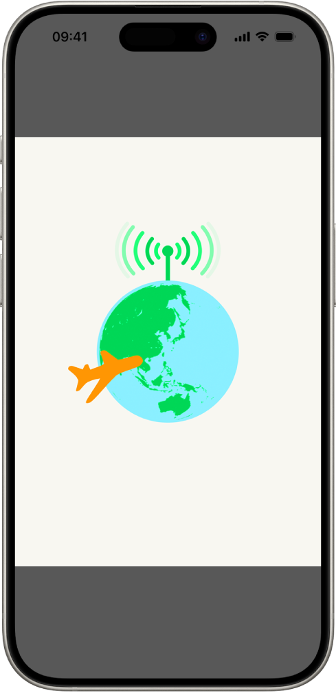 Écran d’un iPhone affichant une illustration du globe. En haut du globe se trouve un signal radio et un avion vole autour du globe.