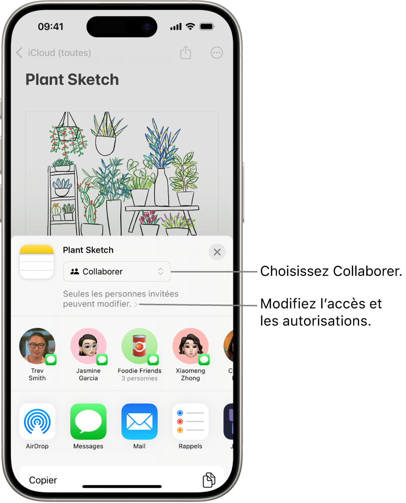 Invitation à collaborer sur un dessin dans Notes, avec l’option de partage Collaborer ainsi que l’accès et l’autorisation définis sur « Seules les personnes invitées peuvent modifier ». Un rang en dessous inclut quatre destinataires potentiels, dont un groupe. Le rang inférieur offre différentes méthodes de partage de la note : AirDrop, Messages, Mail et Freeform.