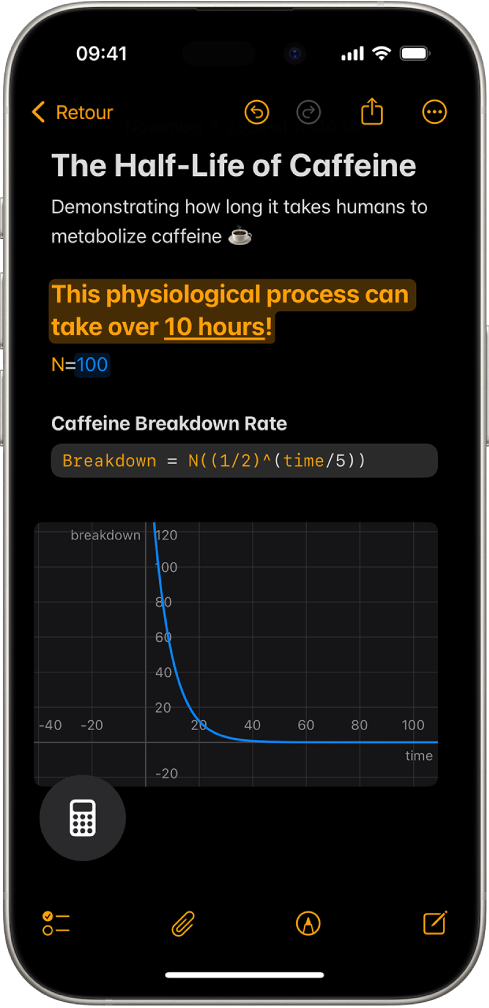 Une note mathématique ouverte dans Calculette, avec une variable déclarée, une équation et un graphique.