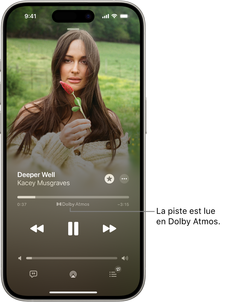 L’écran « À l’écoute » avec l’icône Dolby Atmos pour la piste en cours de lecture.