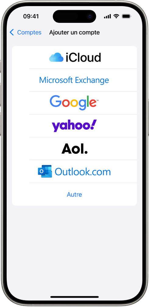 L’écran « Ajouter un compte », avec les options permettant de choisir un compte iCloud, Microsoft Exchange, Google, Yahoo, AOL ou un autre compte.