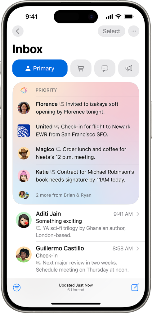 iPhone prikazuje odjeljak Prioritetne poruke pri vrhu zaslona, s vremenski osjetljivim e-mailova pri vrhu. Dva sažeta e-maila pojavljuju se pri dnu zaslona.