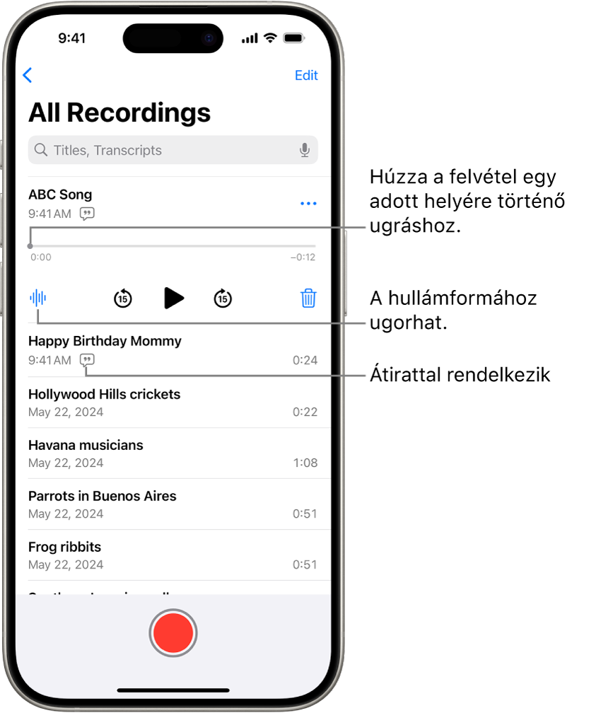A hangjegyzetek listájának képernyője, amelynek tetején ki van jelölve egy felvétel. A felvételi idővonalon egy lejátszófej látható, amely elhúzásával a felvétel egy adott részéhez ugorhat. A lejátszási vezérlők az idővonal alatt találhatók.