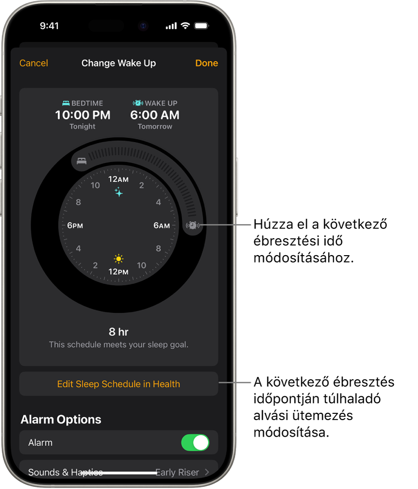 Egy képernyő, amelyen keresztül a következő ébresztést módosíthatja. Az ébresztés idejét az ébresztés gomb pozíciójával állíthatja be.