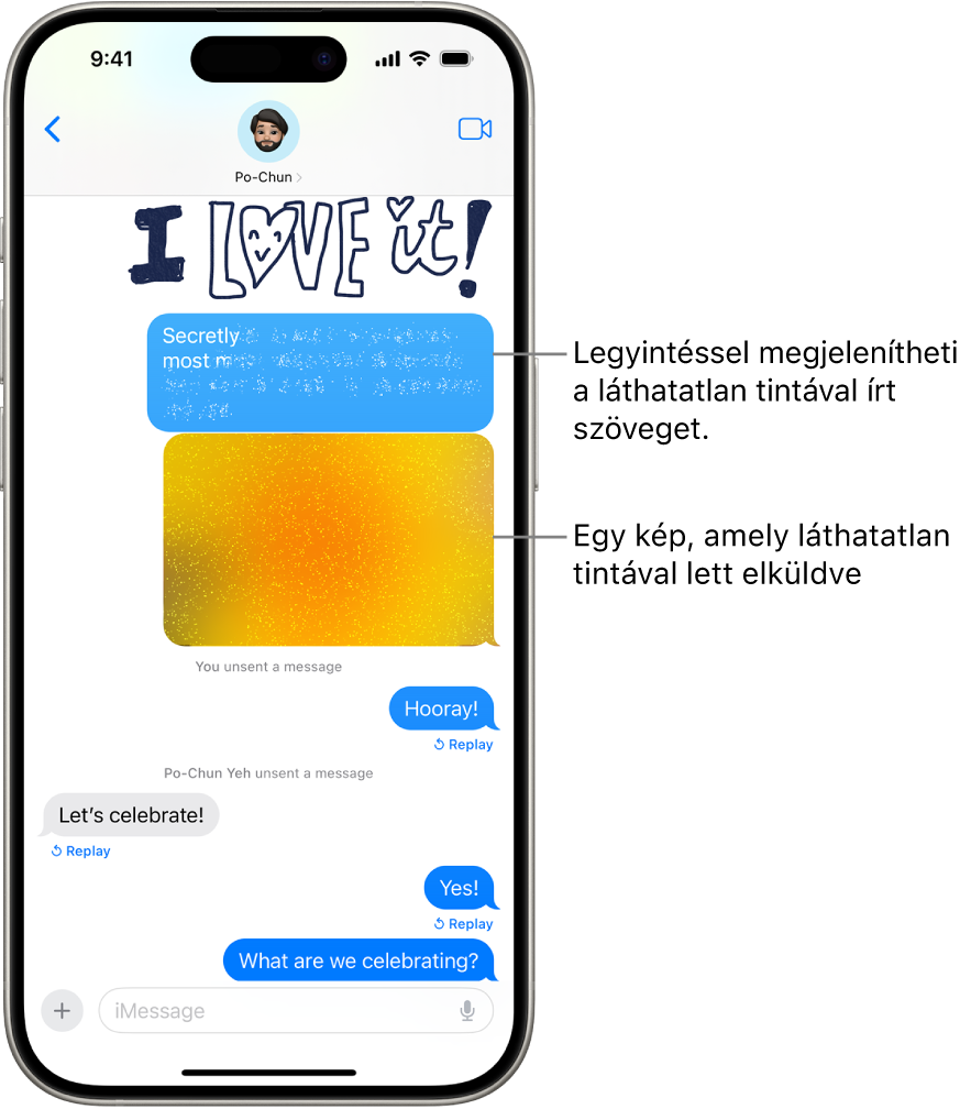 Előnézet egy üzenetről, amely a Láthatatlan tinta effektet tartalmazza.