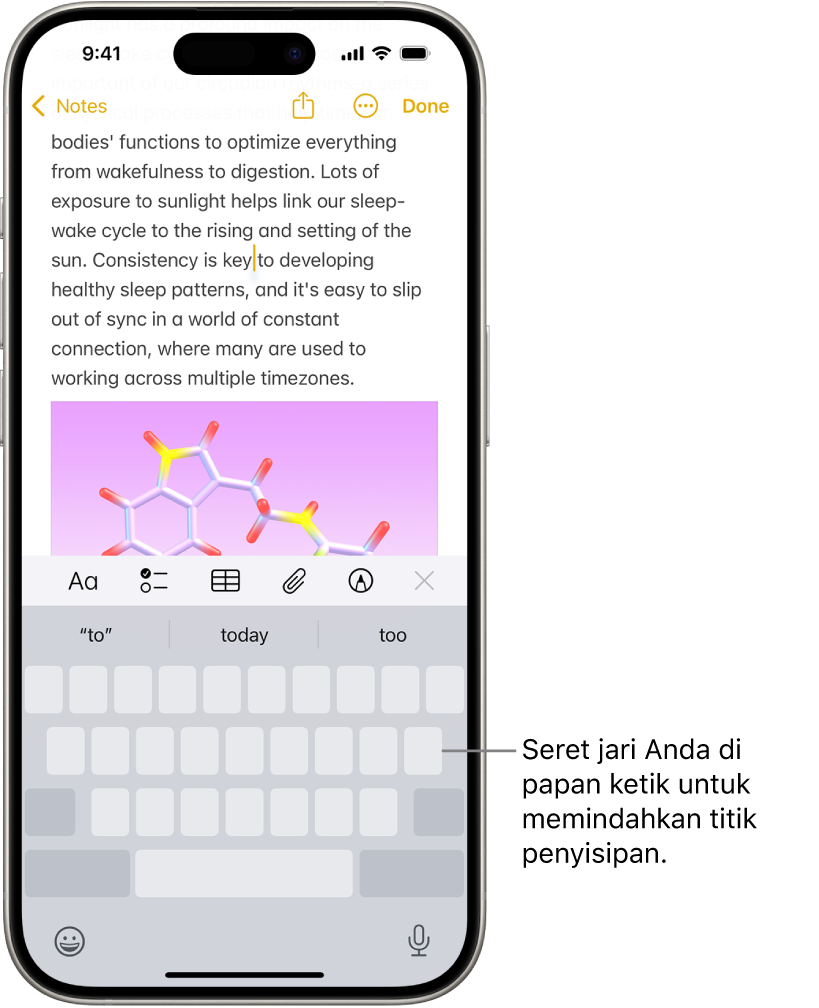 Dokumen terbuka di app Catatan. Papan ketik pada layar di bagian bawah layar dalam mode trackpad.