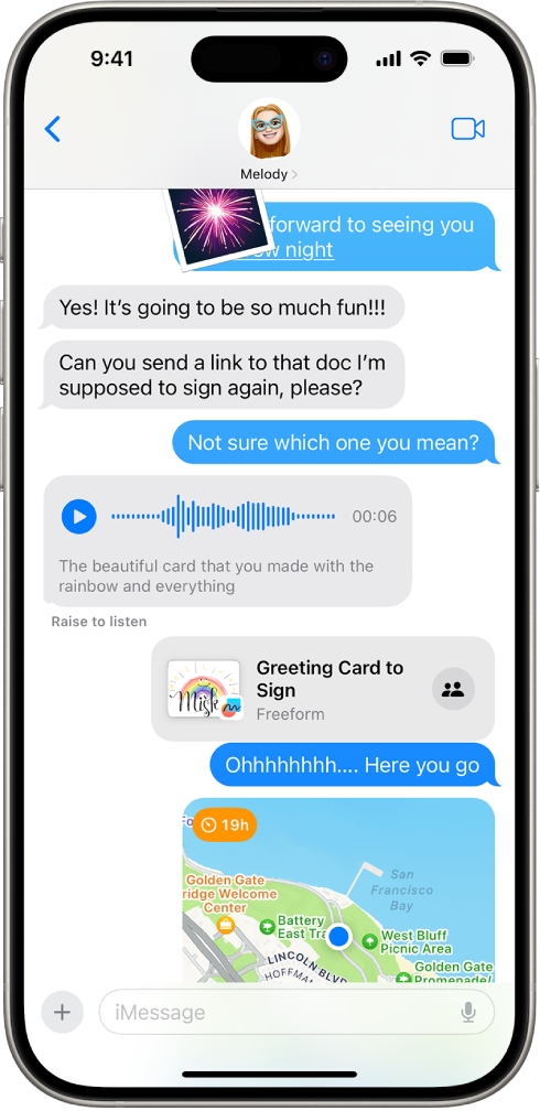 Percakapan Pesan yang menampilkan fitur iMessage.