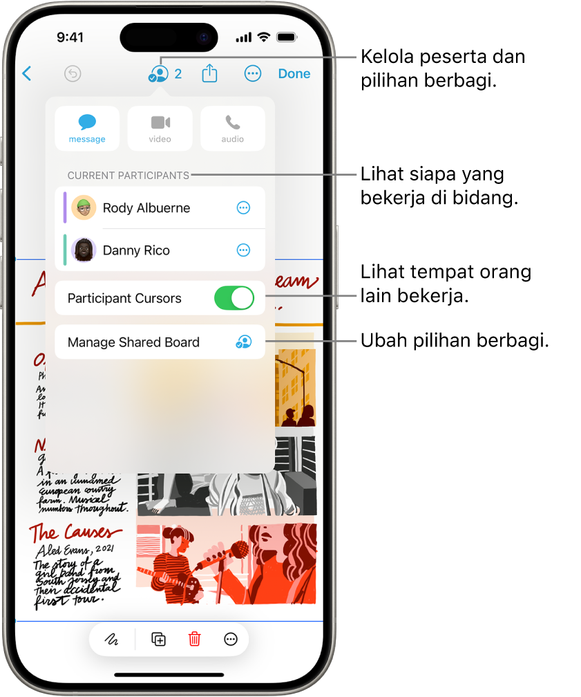 Bidang Freeform bersama di iPhone dengan menu kolaborasi buka.