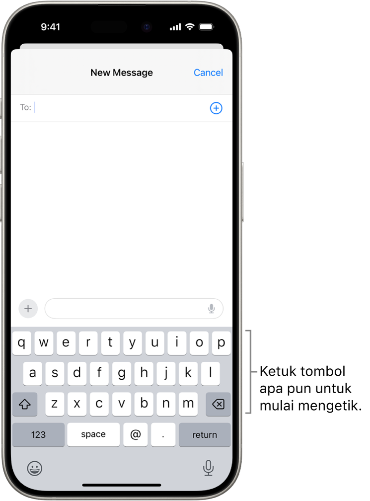 Email kosong terbuka di app Mail. Papan ketik pada layar berada di bagian bawah layar.