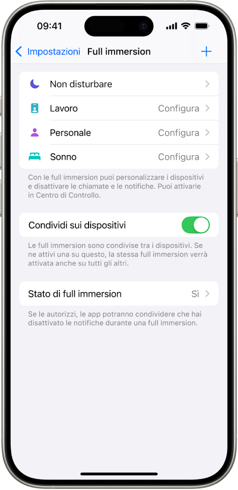 Una schermata che mostra cinque opzioni di full immersion preimpostate: “Non disturbare”, “Nessun messaggio durante le chiamate”, Sonno, Personale e Lavoro. L’opzione “Condividi sui dispositivi” è attivata e consente alle stesse impostazioni della full immersion di essere utilizzate su tutti i tuoi dispositivi Apple.