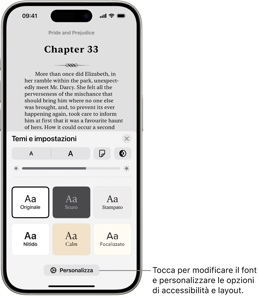 La pagina di un libro nell’app Libri. Le opzioni “Temi e impostazioni” mostrano i controlli per le dimensioni del font, la vista a scorrimento, lo stile del giro pagina, la luminosità e gli stili per il font.