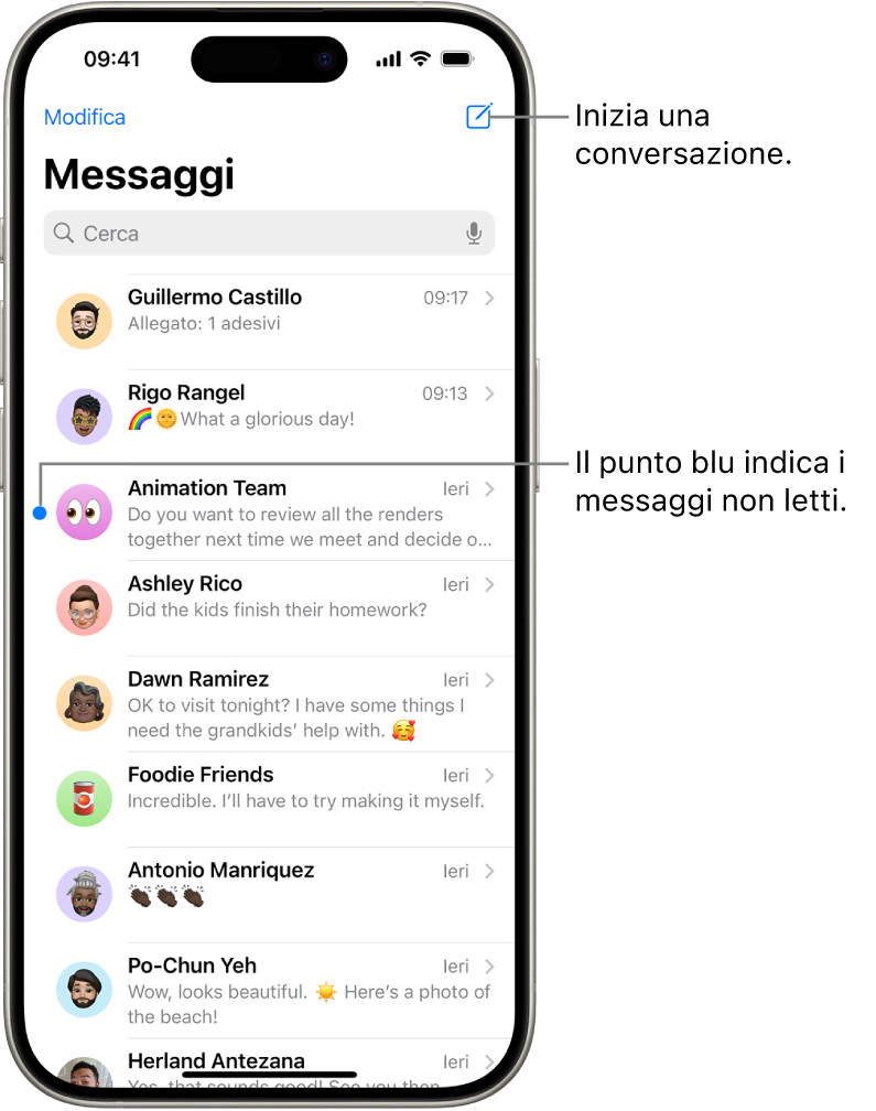 L’elenco delle conversazioni di Messaggi, con il pulsante Componi in alto a destra. Un pallino blu a sinistra del messaggio indica che non è stato letto.