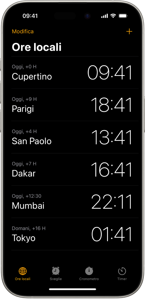 Il pannello “Ore Locali” che mostra l’ora in diverse città. Il pulsante Modifica nell’angolo in alto a sinistra ti consente di riordinare o eliminare gli orologi. Il pulsante Aggiungi nell’angolo in alto a destra ti consente di aggiungerne altri. I pulsanti “Ore locali” Sveglie, Cronometro e Timer si trovano nella parte inferiore dello schermo.