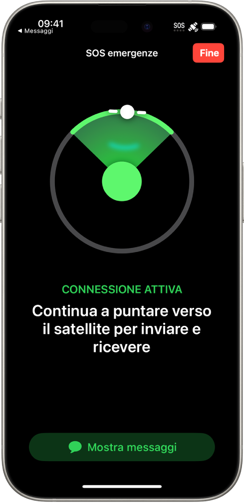 La schermata di “SOS emergenze” mostra che iPhone è connesso e visualizza l’indicazione per l’utente di continuare a puntare verso il satellite. Nella parte inferiore dello schermo è presente il pulsante “Apro Messaggi”.