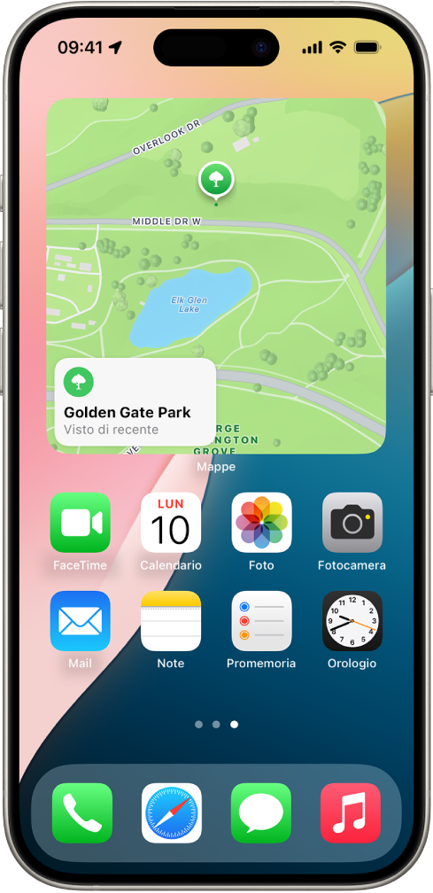 Il widget di Mappe, altri widget e le icone delle app sulla schermata Home di iPhone.