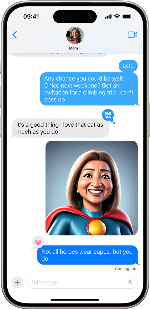 iPhone che mostra una conversazione nell’app Messaggi. Al centro dello schermo è presente un’immagine creata con Image Playground.