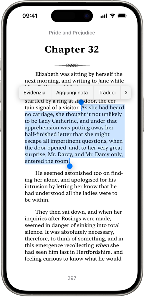 La pagina di un libro nell’app Libri, con una porzione del testo della pagina selezionata. Le voci di menu Evidenzia, “Aggiungi nota” e Traduci vengono visualizzate sopra il testo selezionato.