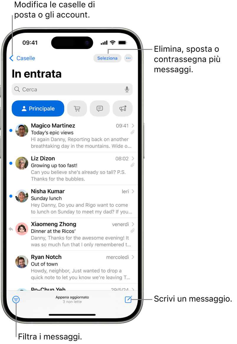 La casella Entrata di Mail che mostra un elenco di email.