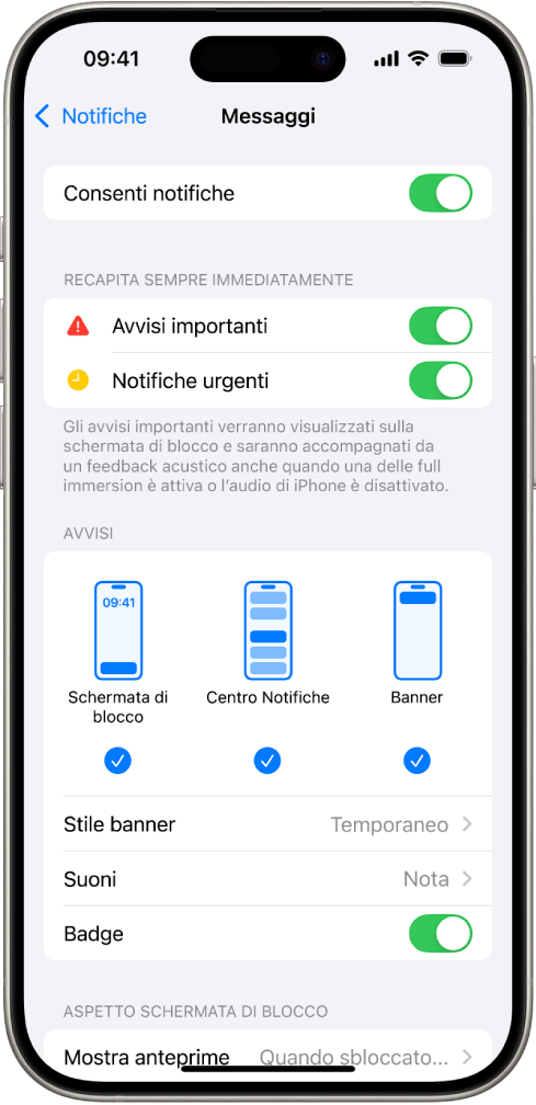 iPhone con le impostazioni di Messaggi per le notifiche e gli avvisi.