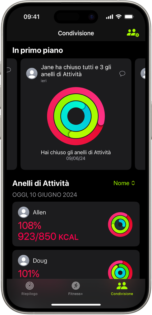 La schermata di condivisione di Fitness, con gli anelli di Attività e i riepiloghi dell’attività condivisi tra una persona e i suoi amici.