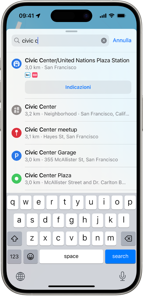 Nel campo di ricerca di Mappe viene inserito un luogo e i risultati vengono mostrati sotto.