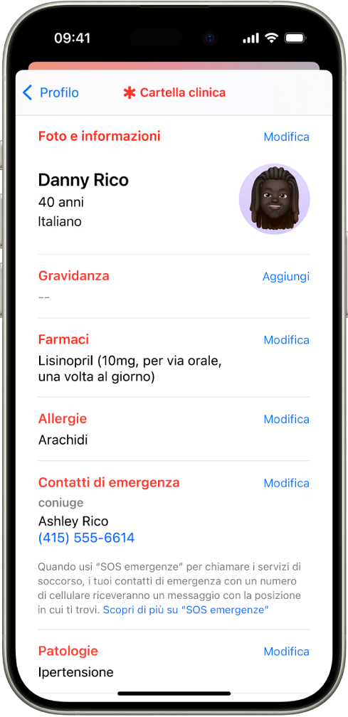 Una schermata di una cartella clinica che contiene informazioni come la data di nascita, i farmaci, le allergie, i contatti di emergenza e le condizioni di salute.