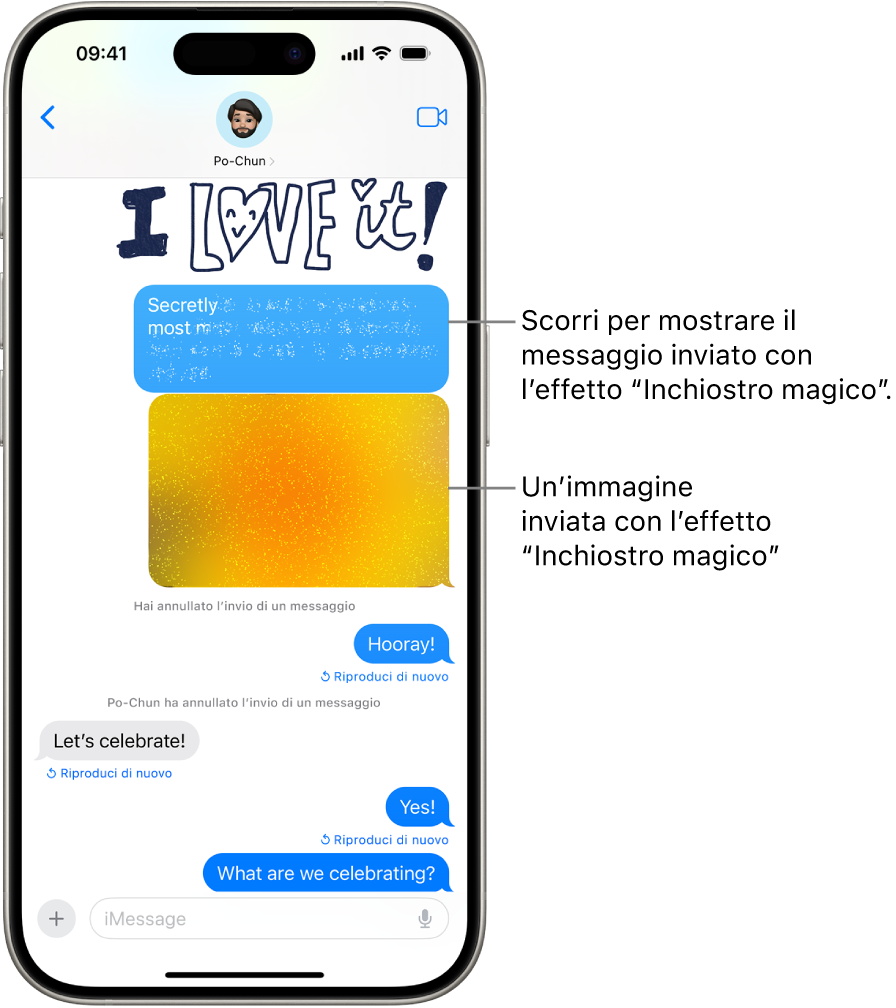 L’anteprima di un messaggio con l’effetto “Inchiostro magico”.