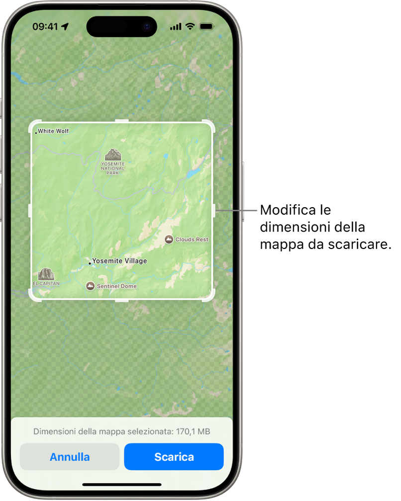 La mappa di un parco nazionale. Il parco è incorniciata all’interno di un rettangolo con delle maniglie, che possono essere spostate per modificare le dimensioni della mappa da scaricare. Le dimensioni del download della mappa selezionata sono indicate nella parte inferiore della mappa. Nella parte inferiore dello schermo sono presenti i pulsanti Annulla e Download.