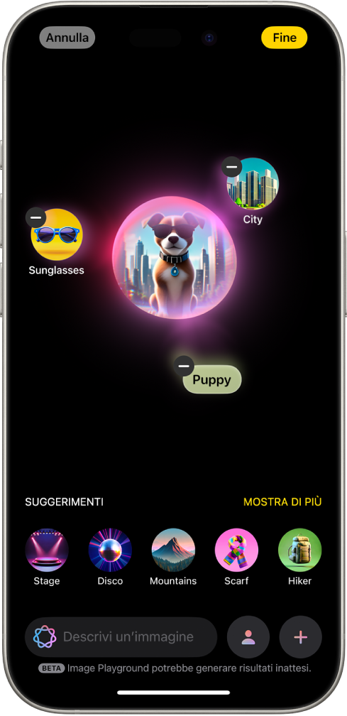 La finestra dell’app Image Playground che mostra l’immagine creata di un cane che indossa un paio di occhiali da sole.