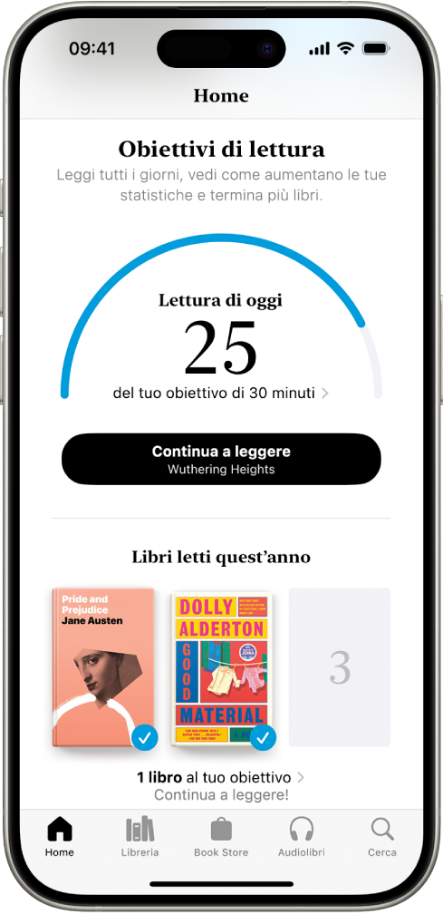 La schermata “Obiettivi di lettura” che mostra le statistiche dell’utente, con informazioni quali: “Lettura di oggi”, il record di lettura settimanale e i libri letti nel corso dell’anno. Nella parte inferiore della schermata sono presenti i pannelli Home (che è selezionato), Libreria, Book Store, Audiolibri e Cerca.
