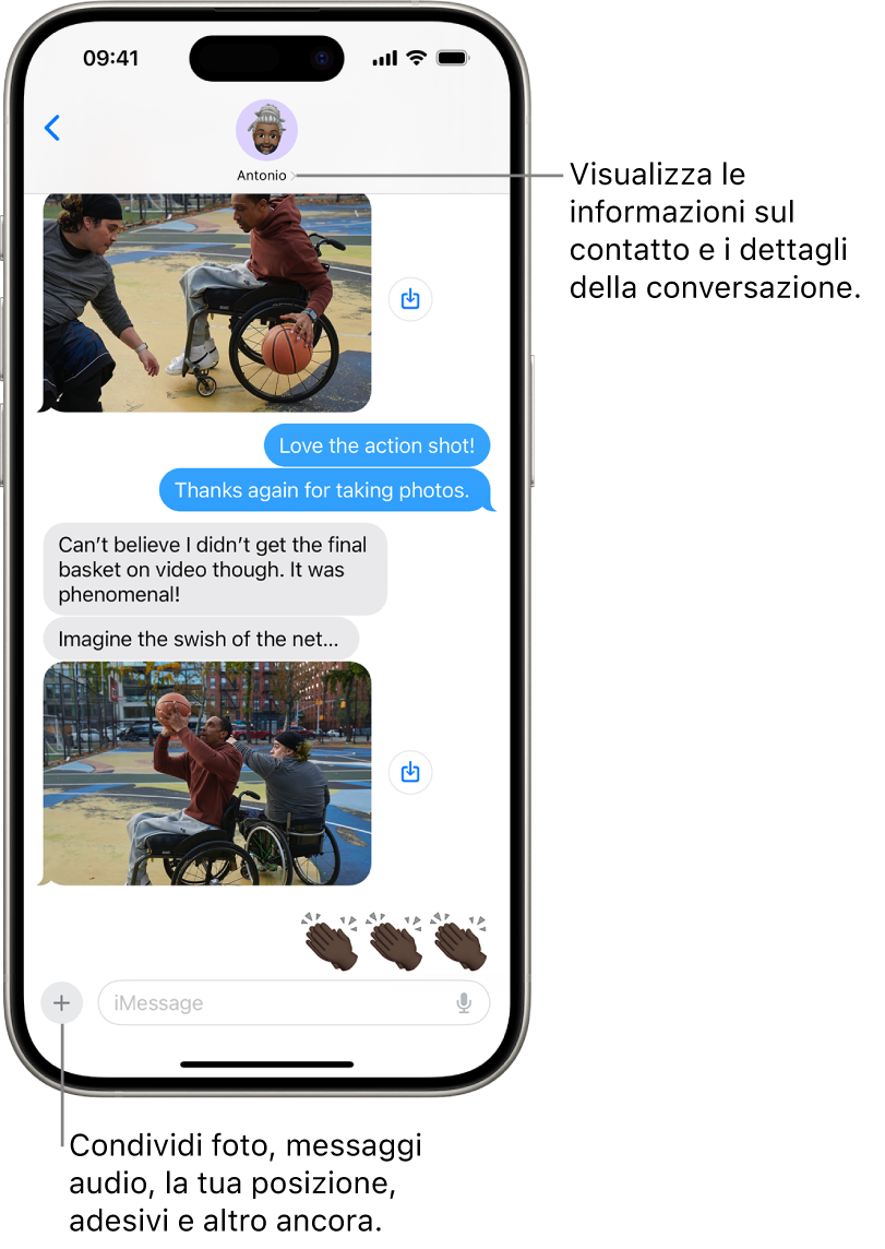 Una conversazione di Messaggi. Il nome della persona a cui stai inviando i messaggi viene visualizzato nella parte superiore dello schermo. Toccando il suo nome, vengono visualizzati i dettagli della conversazione. Il pulsante Aggiungi è in basso a sinistra.