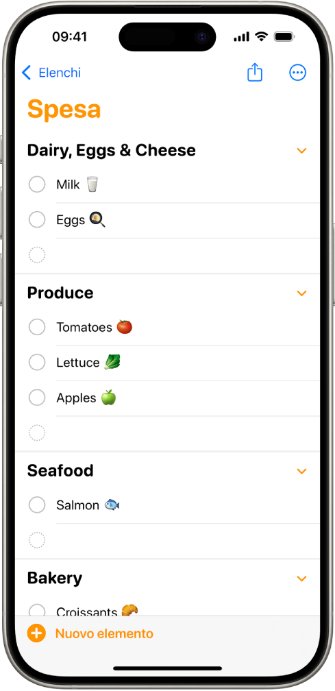 L’app Promemoria che mostra una lista della spesa con le voci suddivise per categorie come Verdura e Pesce.