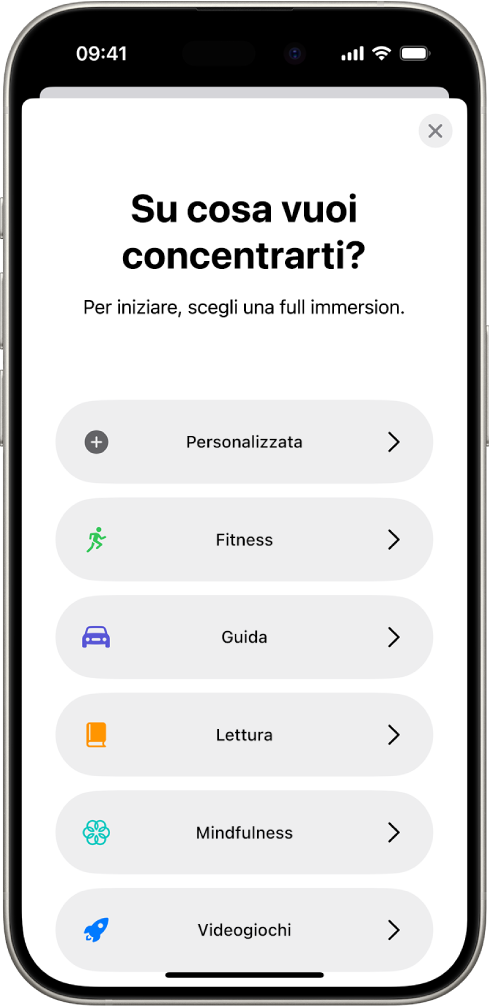 La schermata di configurazione per le full immersion aggiuntive disponibili, tra cui Personalizzata, Guida, Fitness, Videogiochi, Mindfulness e Lettura.