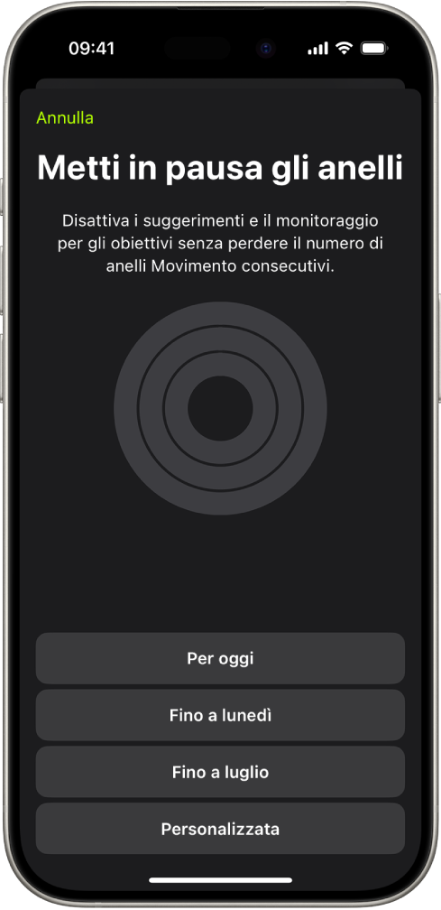 La schermata per mettere in pausa gli anelli, in cui sono mostrate tutte le opzioni per mettere in pausa gli anelli di Attività.