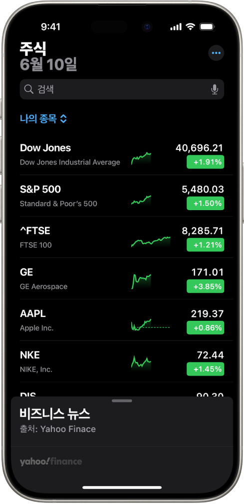 다양한 주식의 목록을 나타내는 주식 앱의 관심 종목. 목록에 있는 각 주식은 왼쪽에서 오른쪽으로 주식 종목 및 이름, 실적 차트, 주가 및 시세 변동을 나열함. 화면 상단의 나의 종목 제목 위에 검색 필드가 있음. 화면 하단에는 비즈니스 뉴스가 있음. 비즈니스 뉴스를 쓸어올리면 기사가 표시됨.