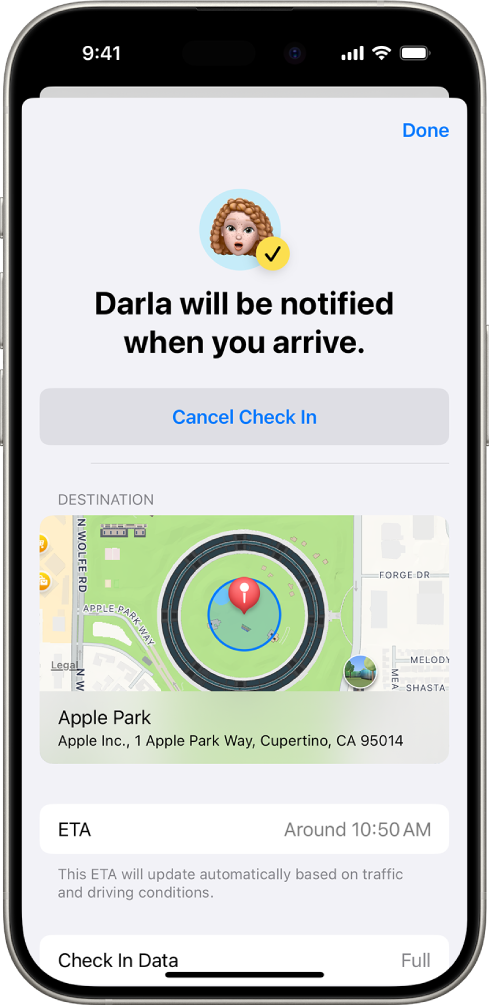 „Atvykimo patvirtinimas“ ekrane rodoma, kad draugui bus pranešta po 14 minučių, o toliau pateikiamos parinktys, kuriomis galima pratęsti laiką arba atšaukti funkciją „Atvykimo patvirtinimas“. Apačioje esančiame žemėlapyje rodoma dabartinė vieta.