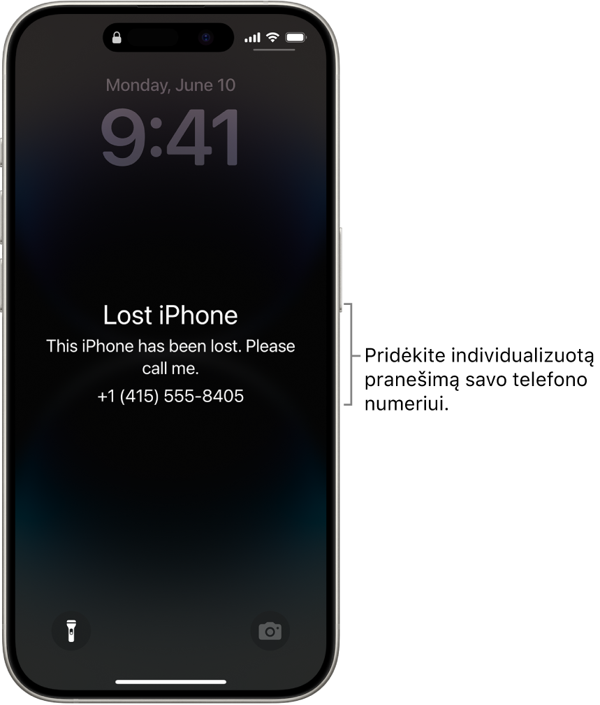 „iPhone“ užrakintas ekranas su prarasto „iPhone“ pranešimu. Galite įvesti pasirinktinį pranešimą su savo telefono numeriu.