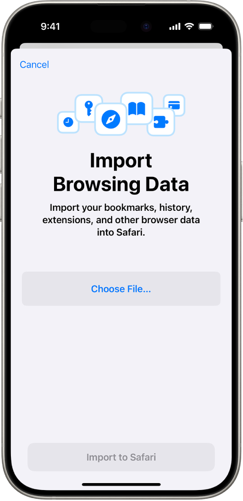 Import Browsing Data ekrāns, kurā redzami dati, kas no cita pārlūka tiks importēti lietotnē Safari.