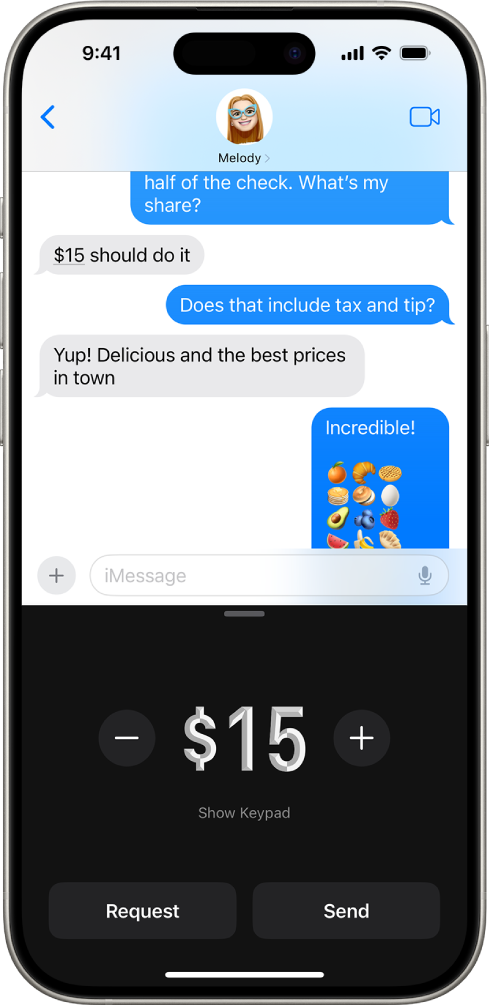 iMessages sarakste un apakšdaļā atvērta Apple Pay.