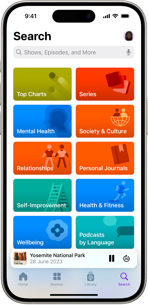 Lietotnes Podcasts ekrāns Search, kurā tiek rādītas aplādes kategorijas. Ekrāna apakšdaļā ir sērijas noformējums, sērijas nosaukums un pogas Pause un Skip Forward. Ekrāna apakšdaļā ir cilnes Home, Browse, Library un Search.