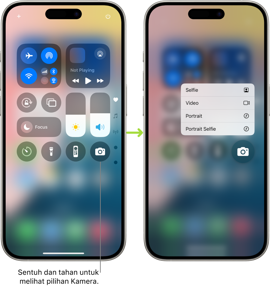 Dua skrin Pusat Kawalan berada sebelah-menyebelah—skrin di sebelah kiri menunjukkan kawalan untuk Mod Pesawat, data selular, Wi-Fi dan Bluetooth dalam kumpulan di sebelah kiri. Ikon Kamera ditunjukkan di bahagian kanan bawah. Skrin di sebelah kanan menunjukkan lebih banyak pilihan dalam menu tindakan cepat untuk Kamera: Swafoto, Video, Potret dan Swafoto Potret.