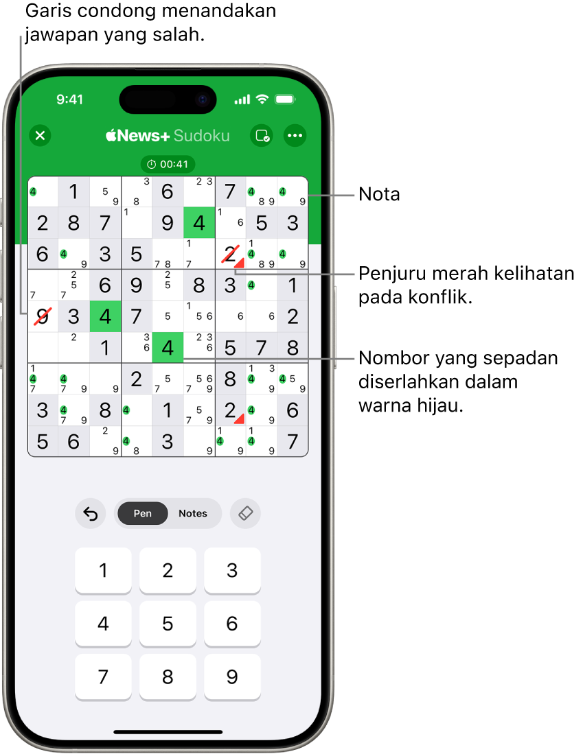 Teka-teki sudoku dengan beberapa ciri diaktifkan: Nota, Serlahkan Nombor Sepadan, Tunjukkan Konflik dan Autocheck.