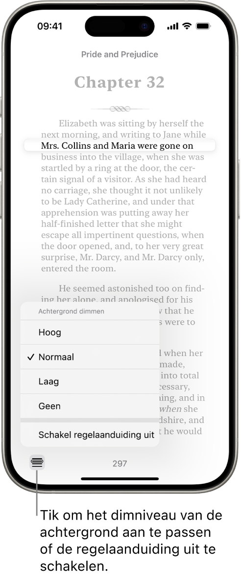 Een pagina van een boek in de Boeken-app. Eén regel tekst is uitgelicht en de rest van de tekst is gedimd. Linksonder in het scherm bevindt zich de knop met het regelaanduidingsmenu.