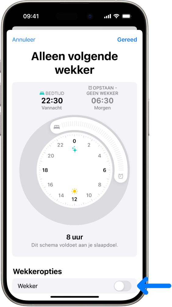Het scherm 'Alleen volgende wekker' in Gezondheid, met 'Wekker' onderaan uitgeschakeld.