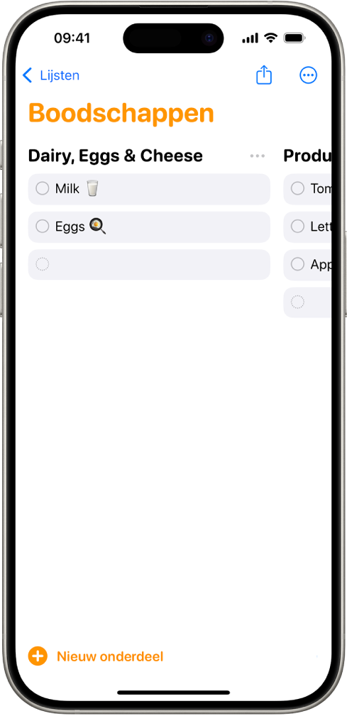 De Herinneringen-app met een boodschappenlijst waarin de categorieën in kolommen zijn geordend.