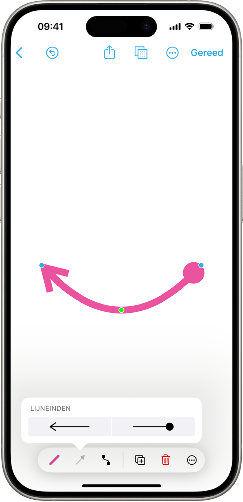 Een verbindingslijn op een Freeform-bord, met blauwe en groene stippen om de vorm en de kromming te wijzigen.