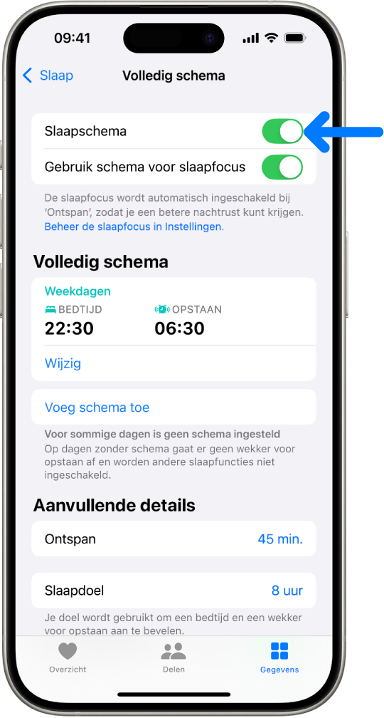Het slaapscherm 'Volledig schema' in Gezondheid, met 'Slaapschema' bovenaan ingeschakeld.