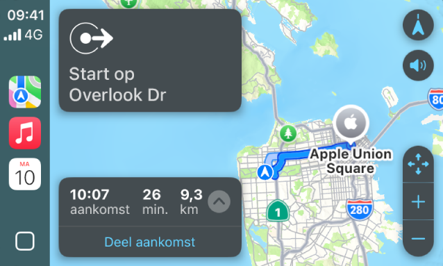 CarPlay met Kaarten, Muziek en Agenda in de navigatiekolom. Aan de rechterkant wordt een route van Apple Park naar Apple Union Station weergegeven.