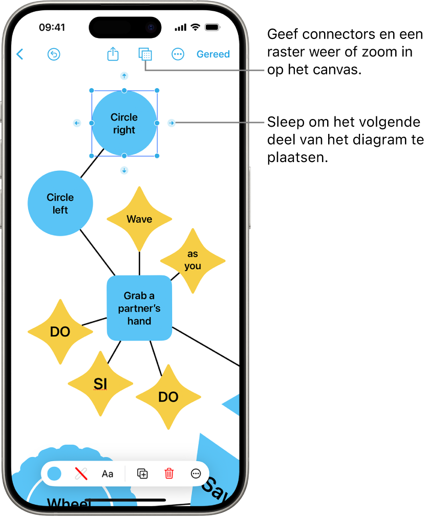 Een diagram op een Freeform-bord met connectors op een geselecteerde vorm, met onder in het scherm de opmaakopties voor vormen.