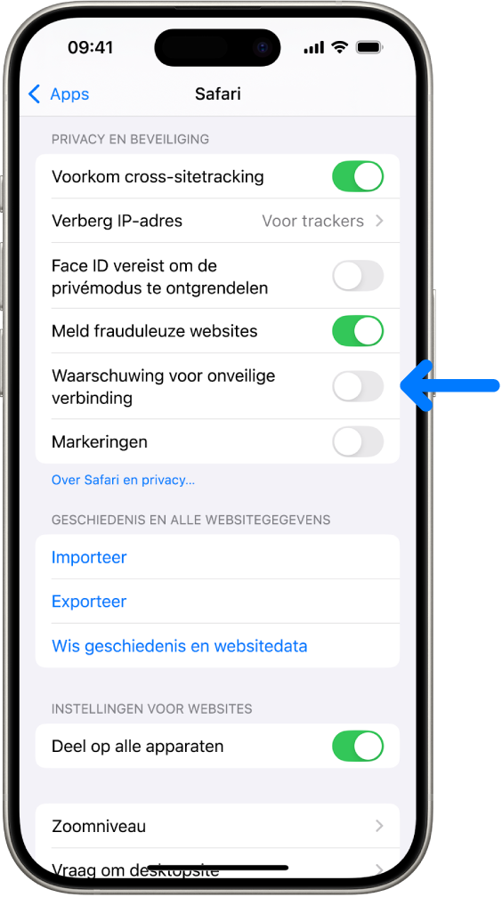 De regelaar 'Waarschuwing voor onveilige verbinding' onder 'Privacy en beveiliging' in het Safari-scherm in Instellingen.